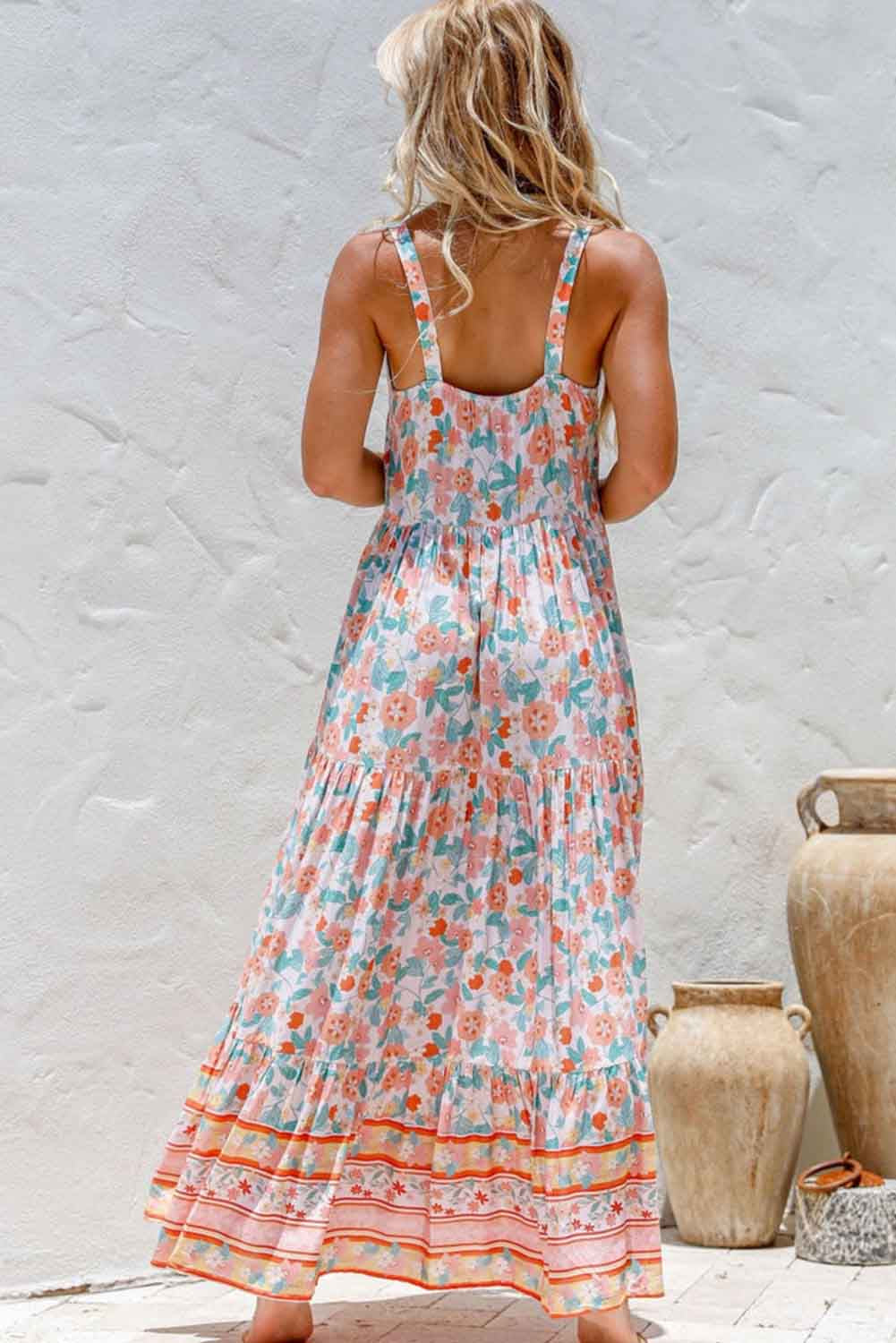 Orange Boho Floral Print Sleeveless Tiered Maxi Dress