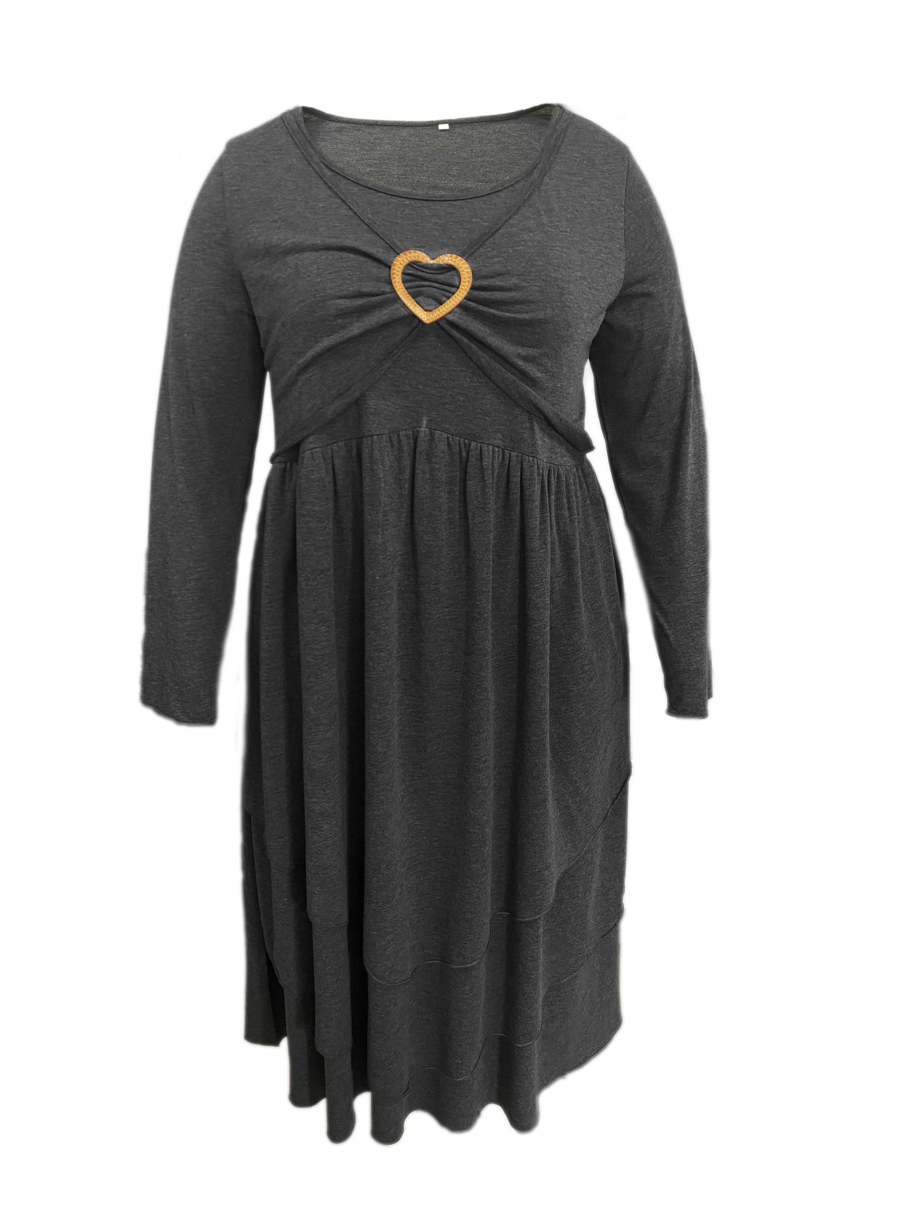 Plus Size Elegant Dress, Women's Plus Plain Long Sleeve Layered Heart Ring Decor Round Neck Maxi Dress