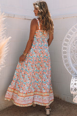 Orange Boho Floral Print Sleeveless Tiered Maxi Dress