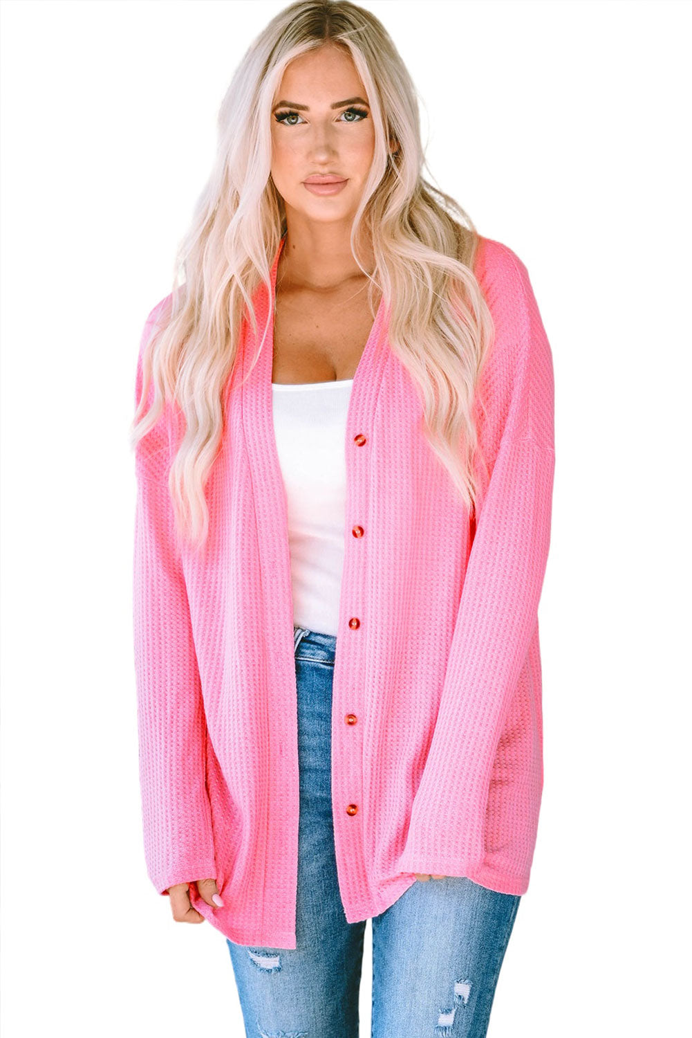 Pink Waffle Knit Dropped Shoulder Cardigan