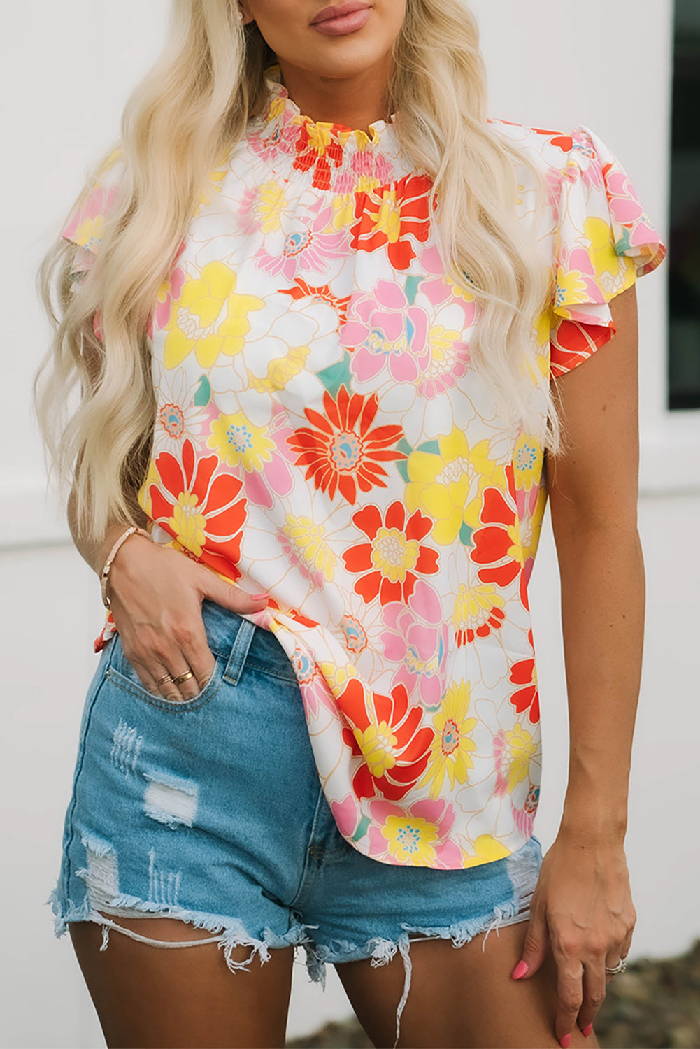 Orange Shirred Neck Summer Floral Dress