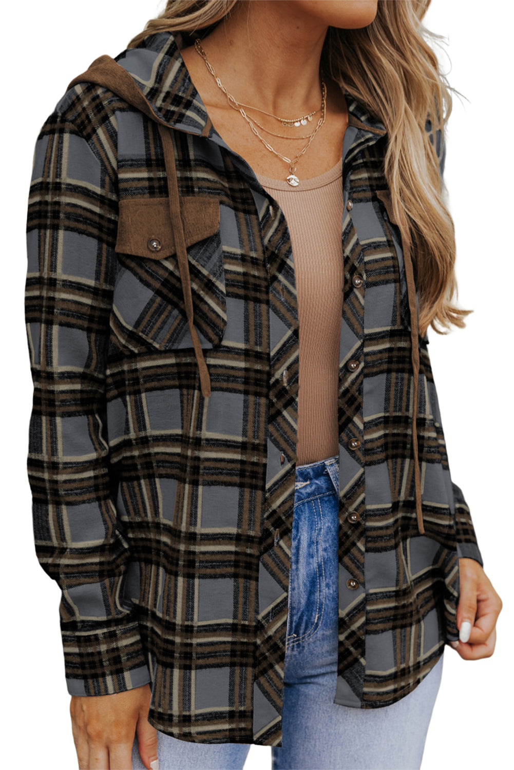 Chaqueta a cuadros con capucha y cordón ajustable en contraste rosa