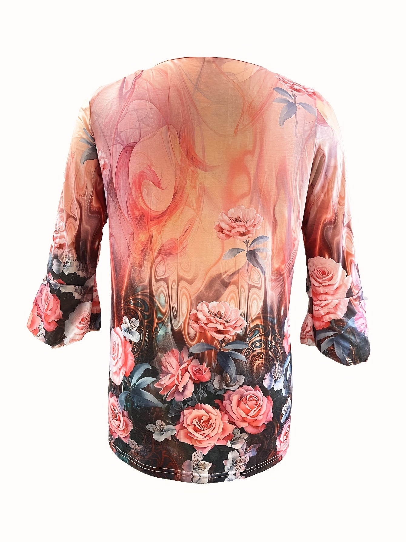 Plus Size Casual T-shirt, Women's Plus Floral Print Bell Sleeve Round Neck Slight Stretch Ruched Henley T-shirt