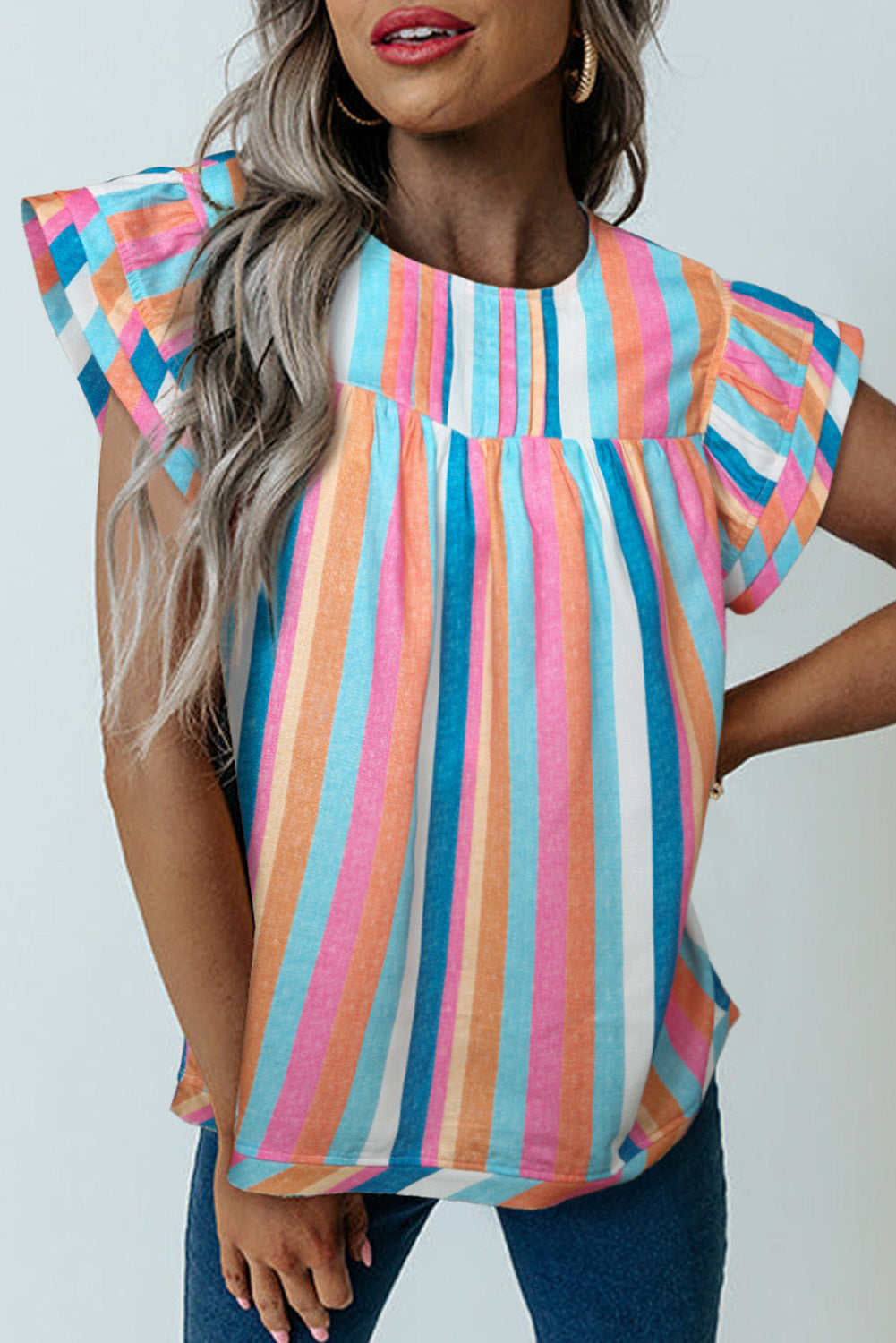 Pink Striped Button Sweetheart Flutter Sleeve Dress