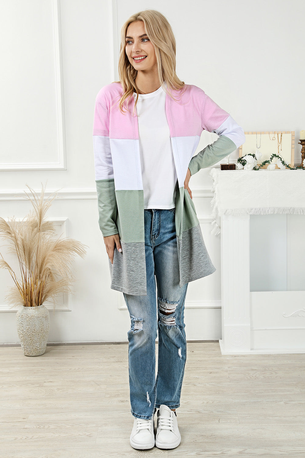 Rosa Strickjacke mit offener Vorderseite und Farbblockdesign in Übergröße
