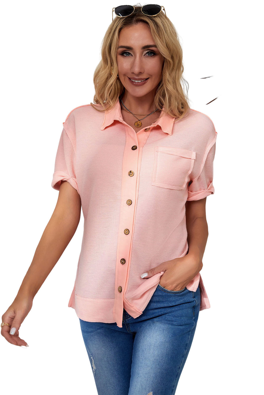 Pink Acid Wash Waffle Knit Short Sleeve Buttoned Shirt