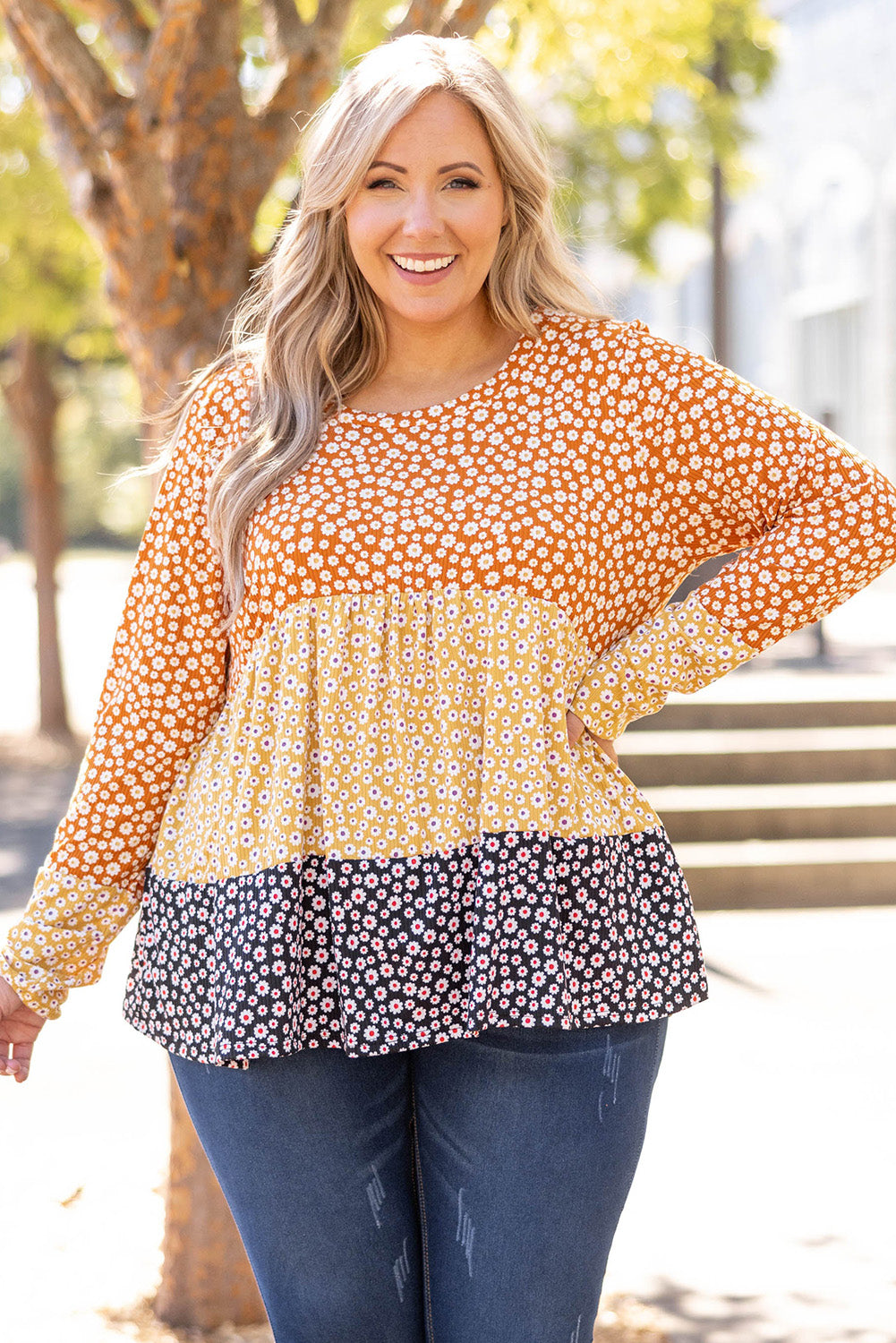 Orange Plus Size Colorblock Blooming Daisy Long Sleeve Flowy Top