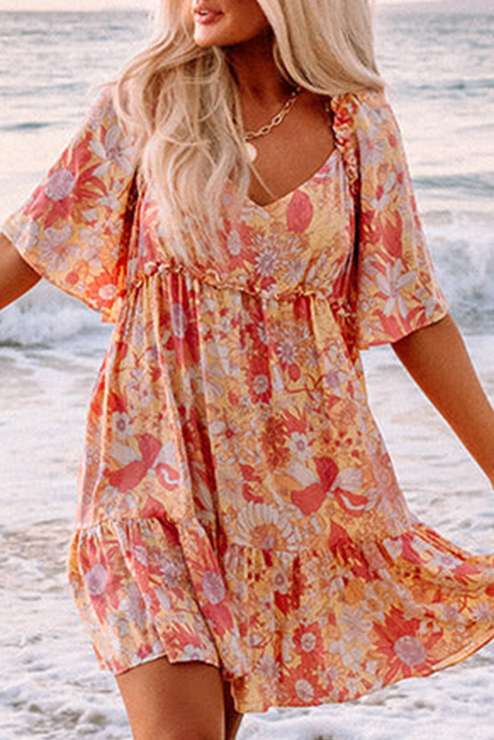 Orange Wide Flutter Sleeve Floral Dress