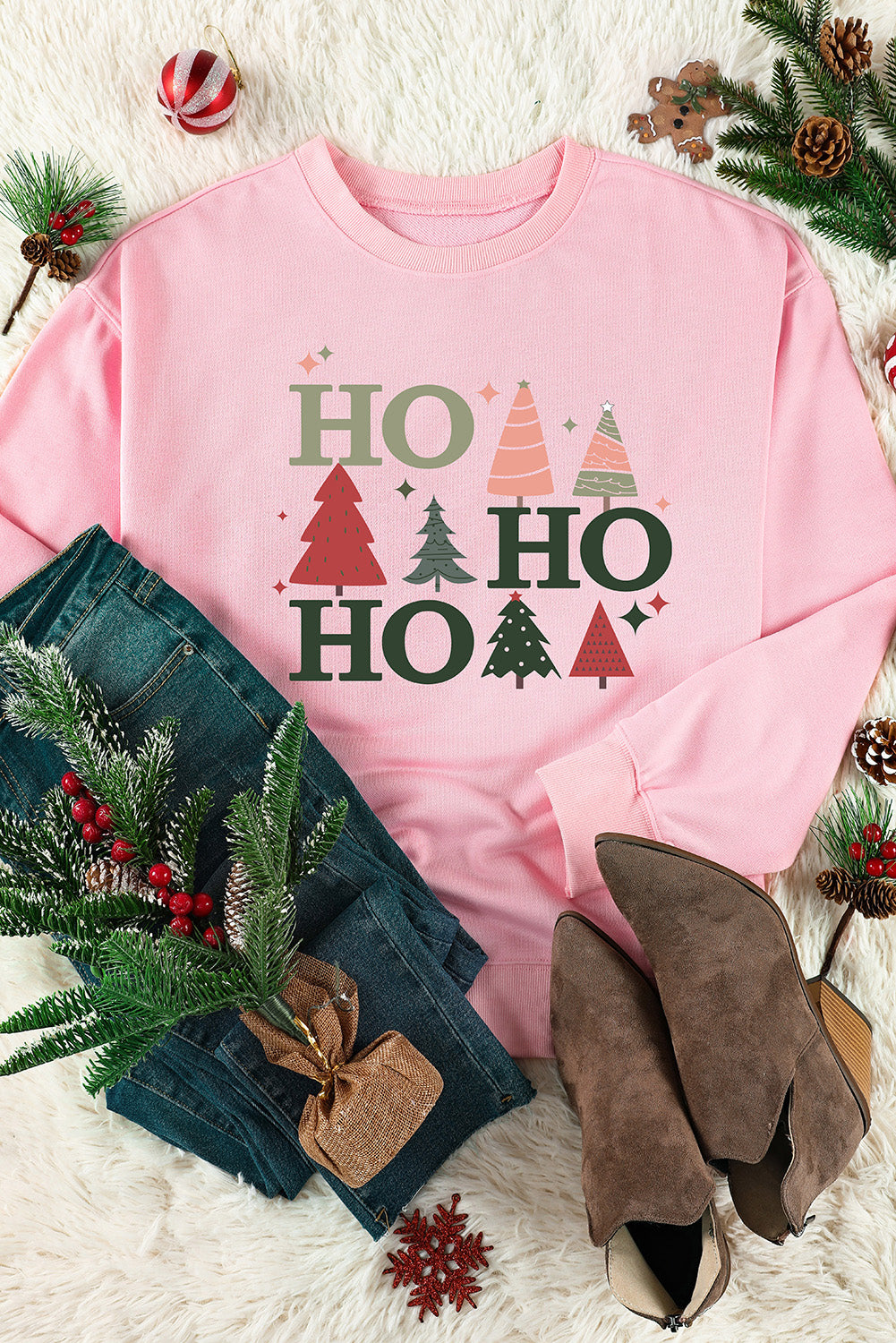 Pink Christmas Jolly Letter Print Pullover Sweatshirt