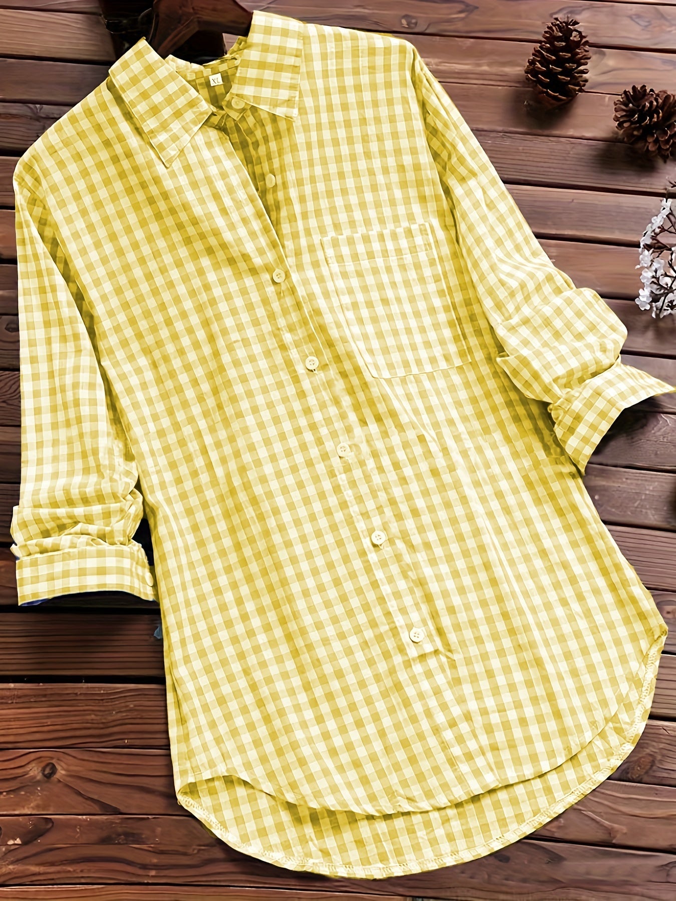 Plus Size Casual Blouse, Women's Plus Gingham Print Turn Down Collar Long Sleeve Shirt