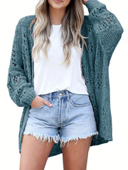 Plus Size Casual Cardigan, Women's Plus Solid Crochet Knit Long Sleeve Open Front Cardigan