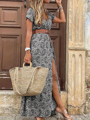 Bohemian Long Short Sleeve Printed V Neck Slit Dress - Drop Shoulder - Strappy - Wrap - Closed Cape - Accordion