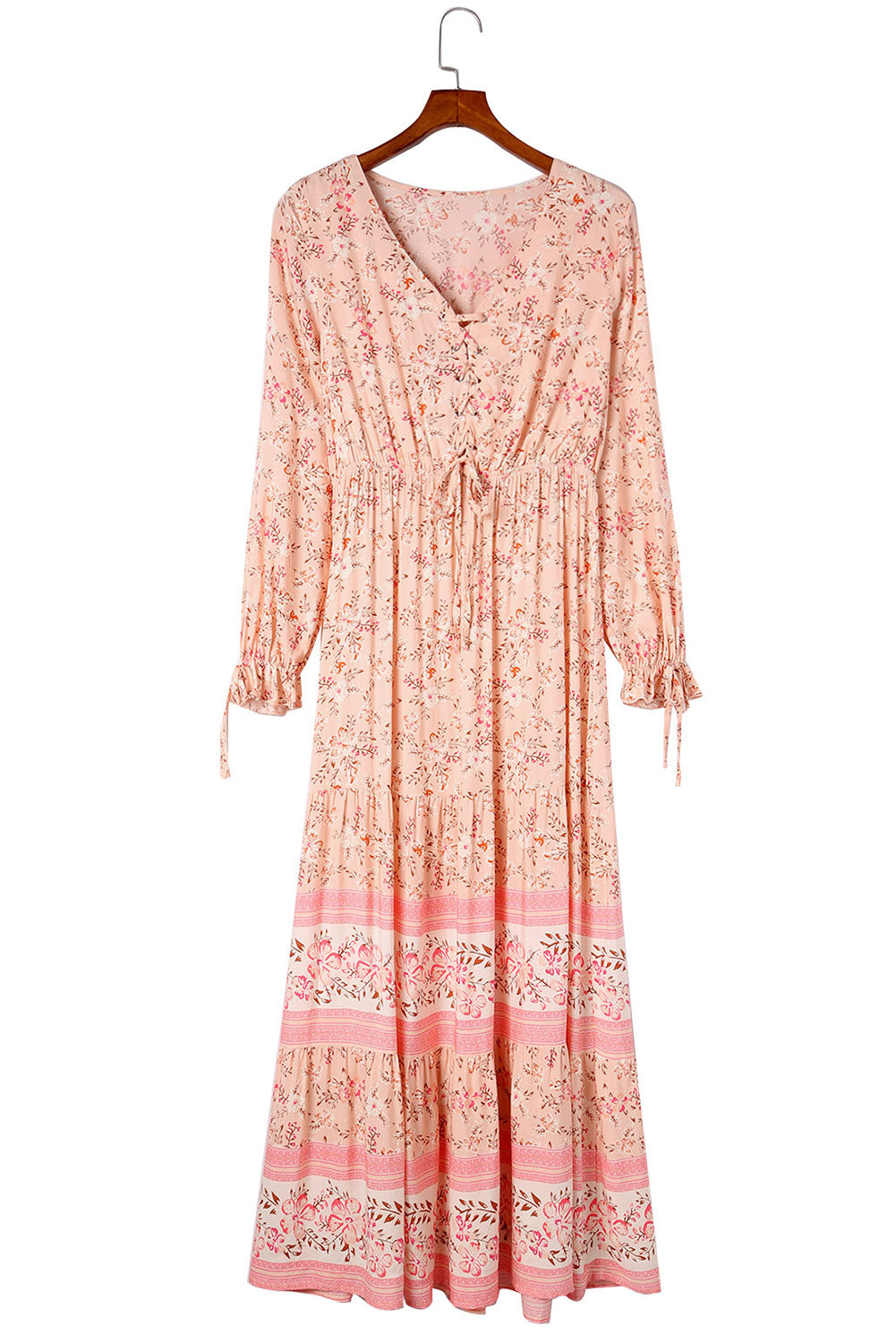 Orange Drawstring Lace-up V Neck Long Sleeve Floral Maxi Dress