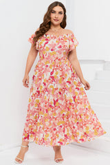 Orange Floral Print Shirred Ruffled Sleeveless Plus Size Dress