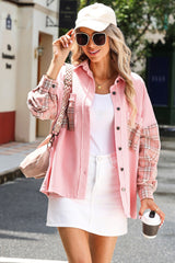 Pink Plaid Patchwork Raw Hem Shacket