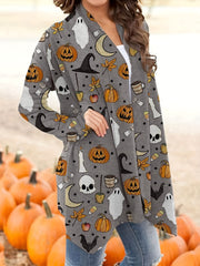 Plus Size Halloween Cardigan, Women's Plus Cartoon Pumpkin & Skull Print Long Sleeve Open Front Sweater Cardigan