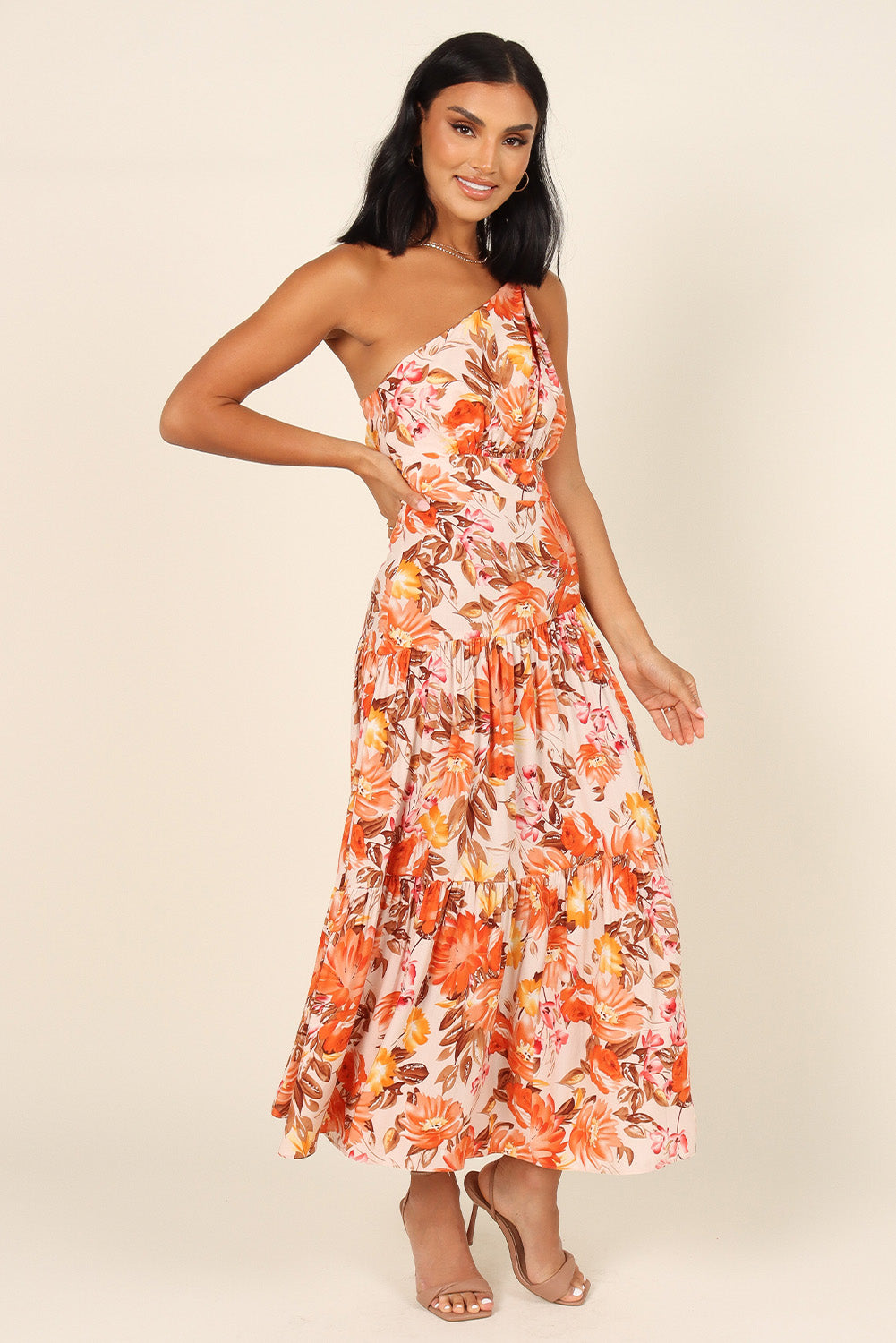 Orange Floral Print Pleated One Shoulder High Waist Maxi Dress