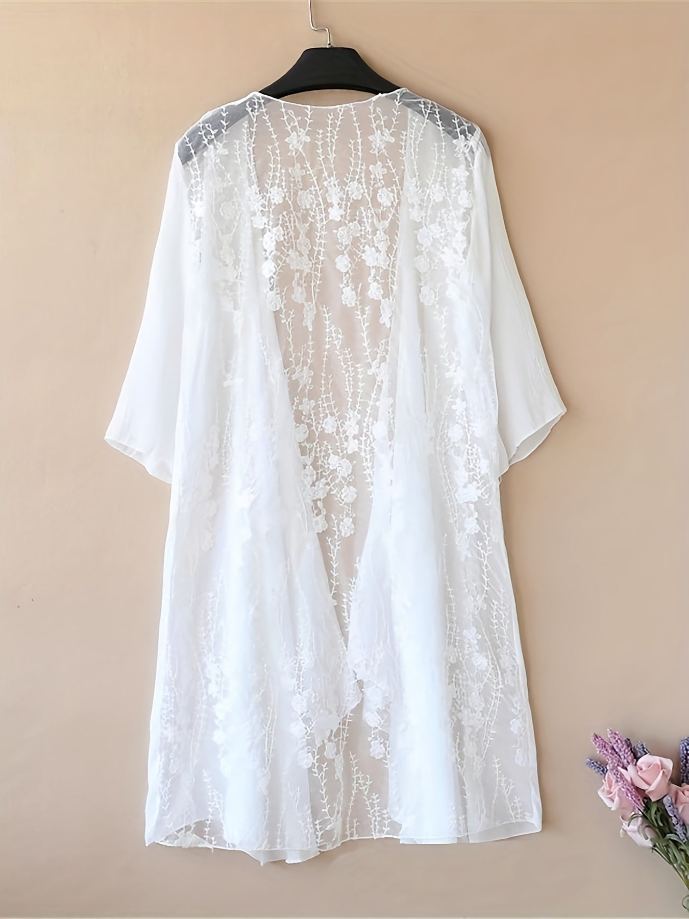 Plus Size Elegant Shawl, Women's Plus Floral Embroidery Short Sleeve Contrast Lace Kimono