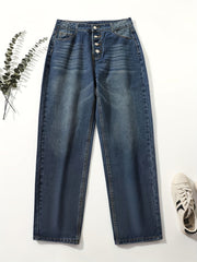 Retro Rolled Hem Single-Breasted Closure Straight Loose Casual Jeans
