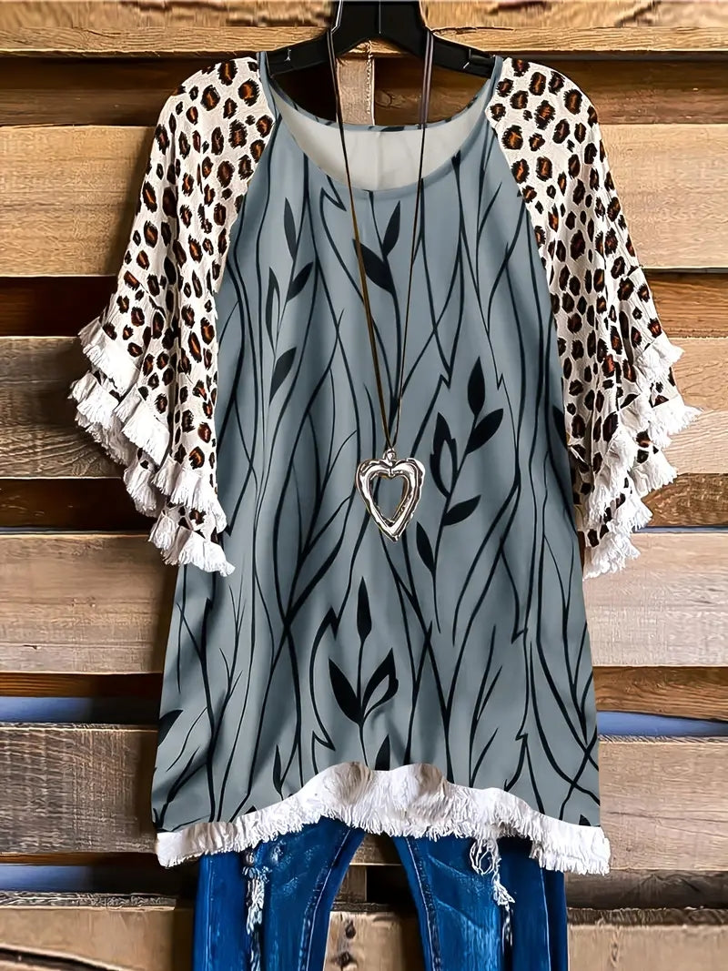 Plus Size Boho T-shirt, Women's Plus Colorblock Leopard Print Tassel Trim Round Neck Tee