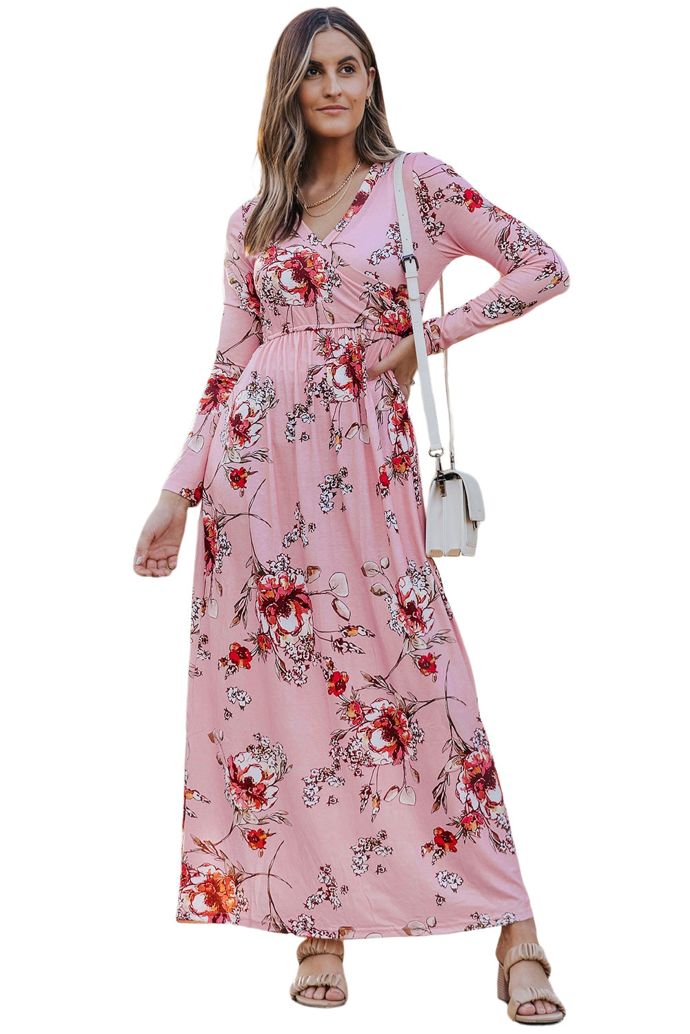 Pink  Wrapped V Neck Floral Long Sleeve Empire Maxi Dress