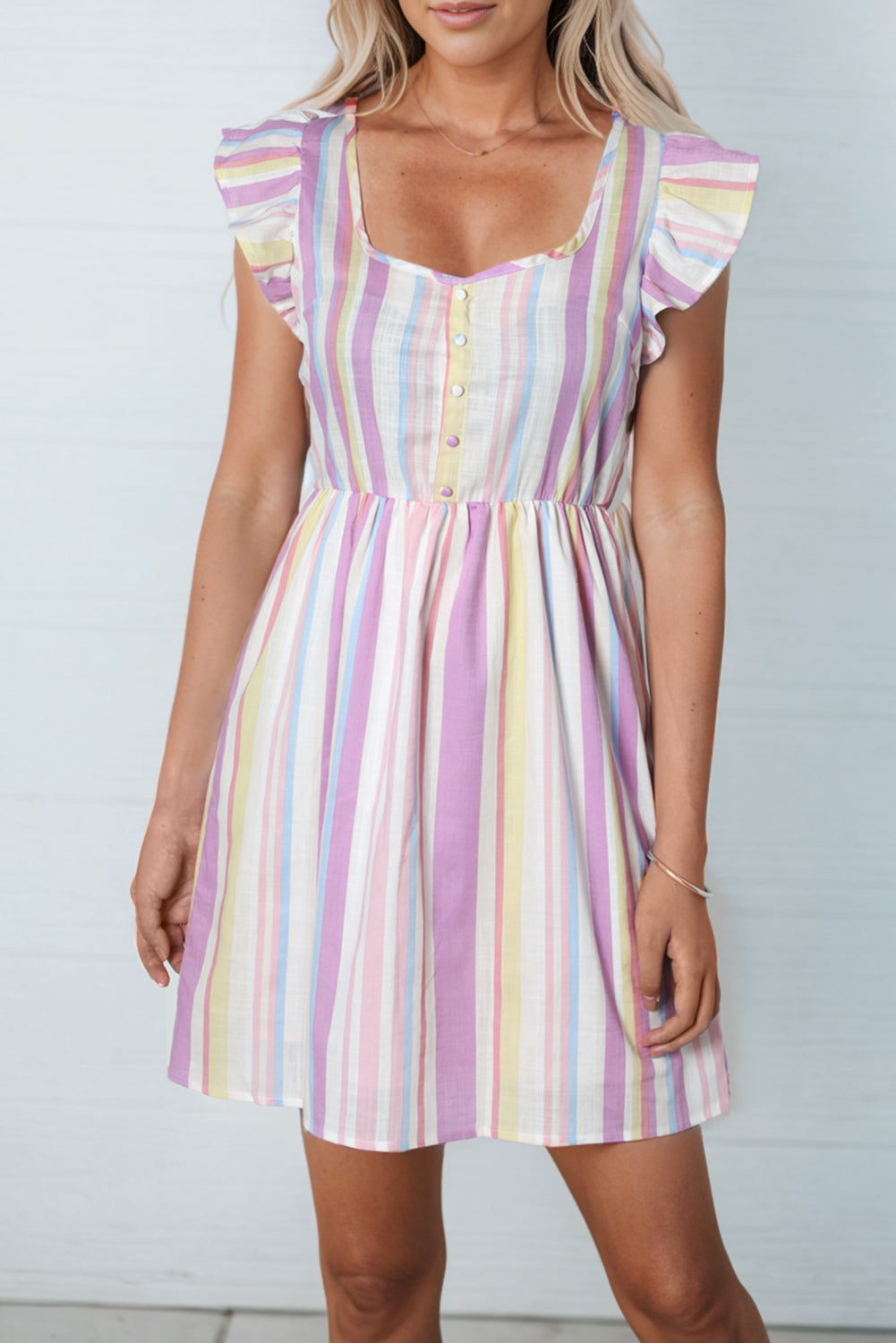Pink Striped Button Sweetheart Flutter Sleeve Dress
