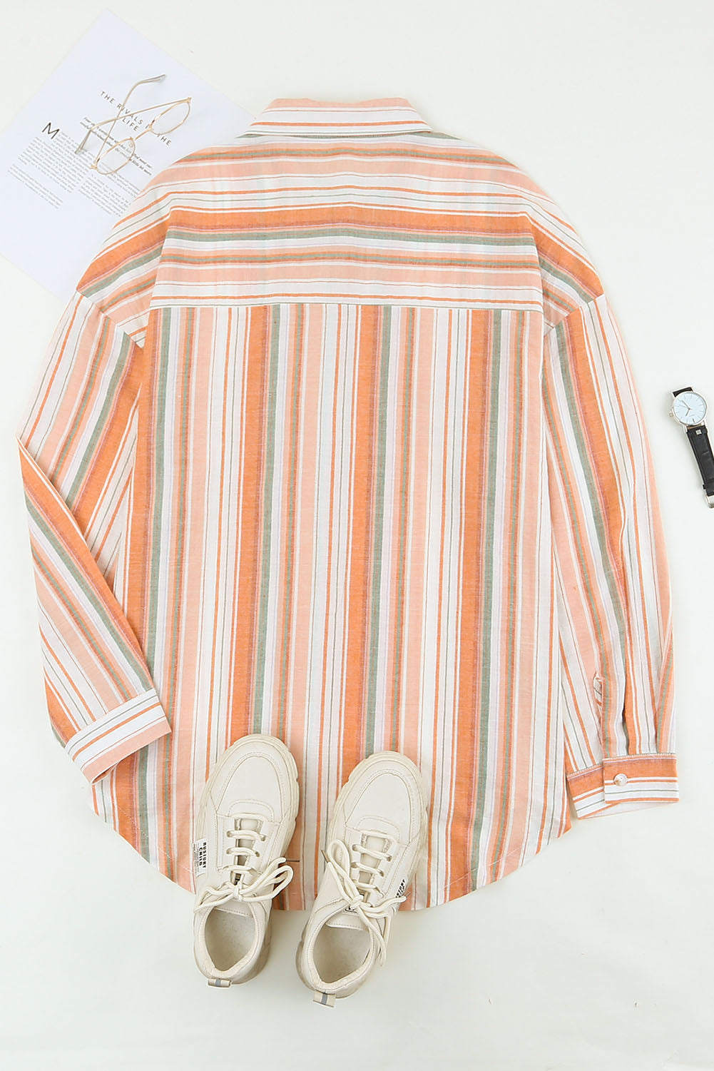 Orange Plus Size Striped Shirt with Chest Pockets