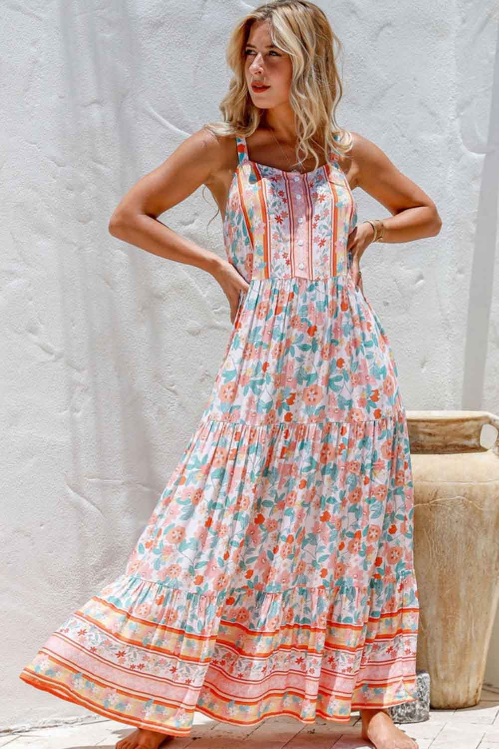 Orange Boho Floral Print Sleeveless Tiered Maxi Dress