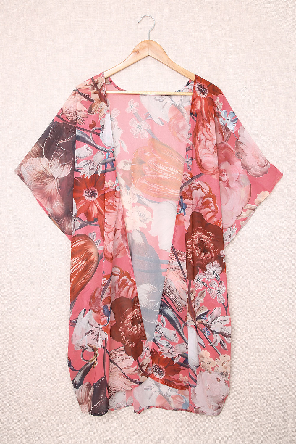 Pink Boho Floral Print Beach Cover up Kimono