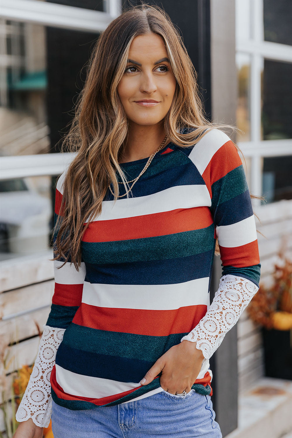 Orange Green Striped Lace Splicing Long Sleeve Top