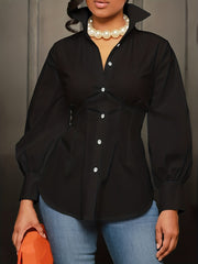 Plus Size Casual Blouse, Women's Plus Solid Button Up Lantern Sleeve Turn Down Collar Nipped Waist Blouse