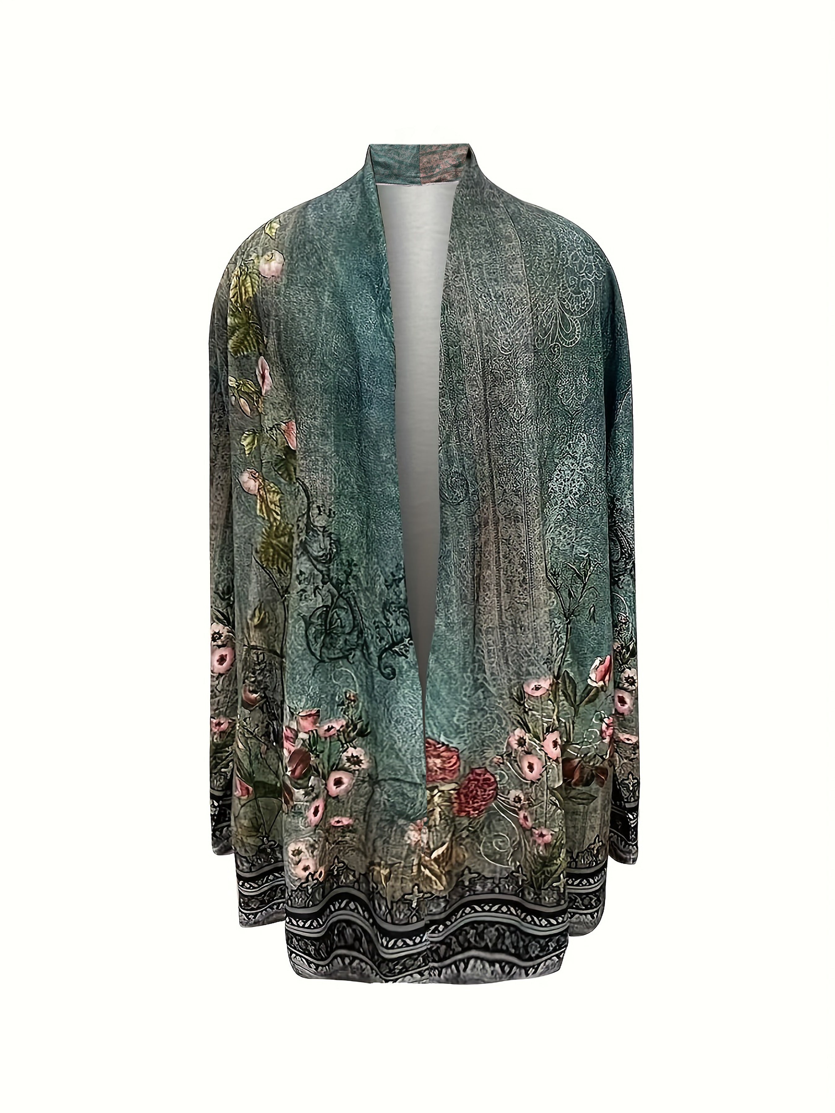 Plus Size Casual Overcoat, Women's Plus Floral Aztec Print Long Sleeve Medium Stretch Cardigan