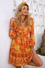 Orange Floral Antique Brass Buttoned Boho Dress