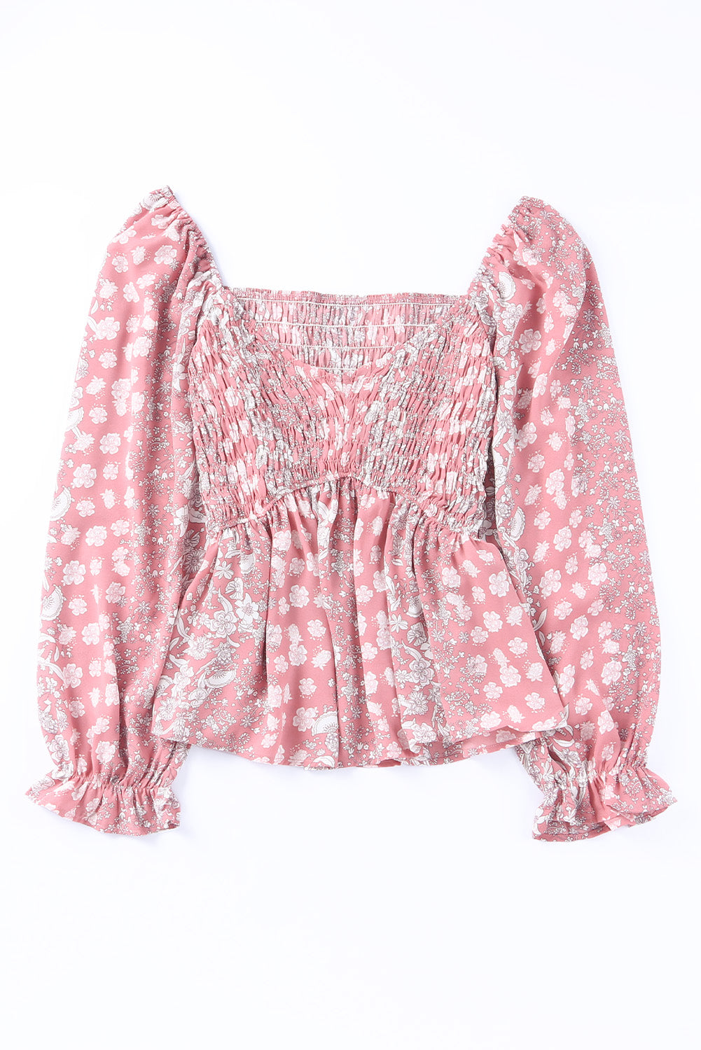 Pink Bohemian Print Puff Sleeve Curvy Peplum Blouse