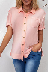 Pink Acid Wash Waffle Knit Short Sleeve Buttoned Shirt