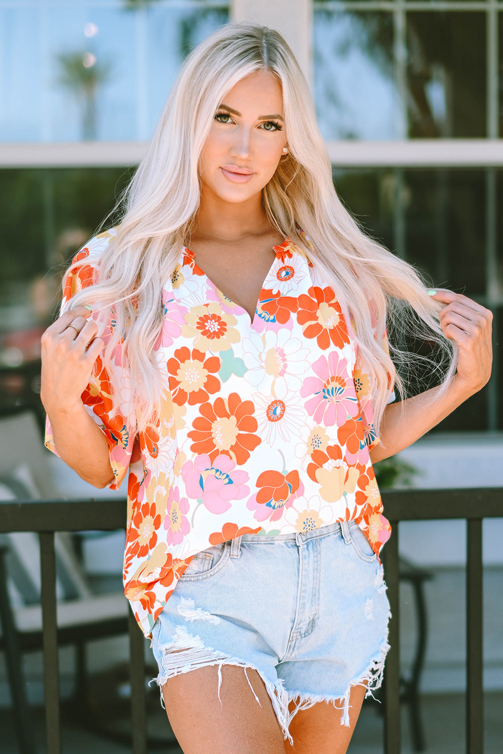 Orange Shirred Neck Summer Floral Dress