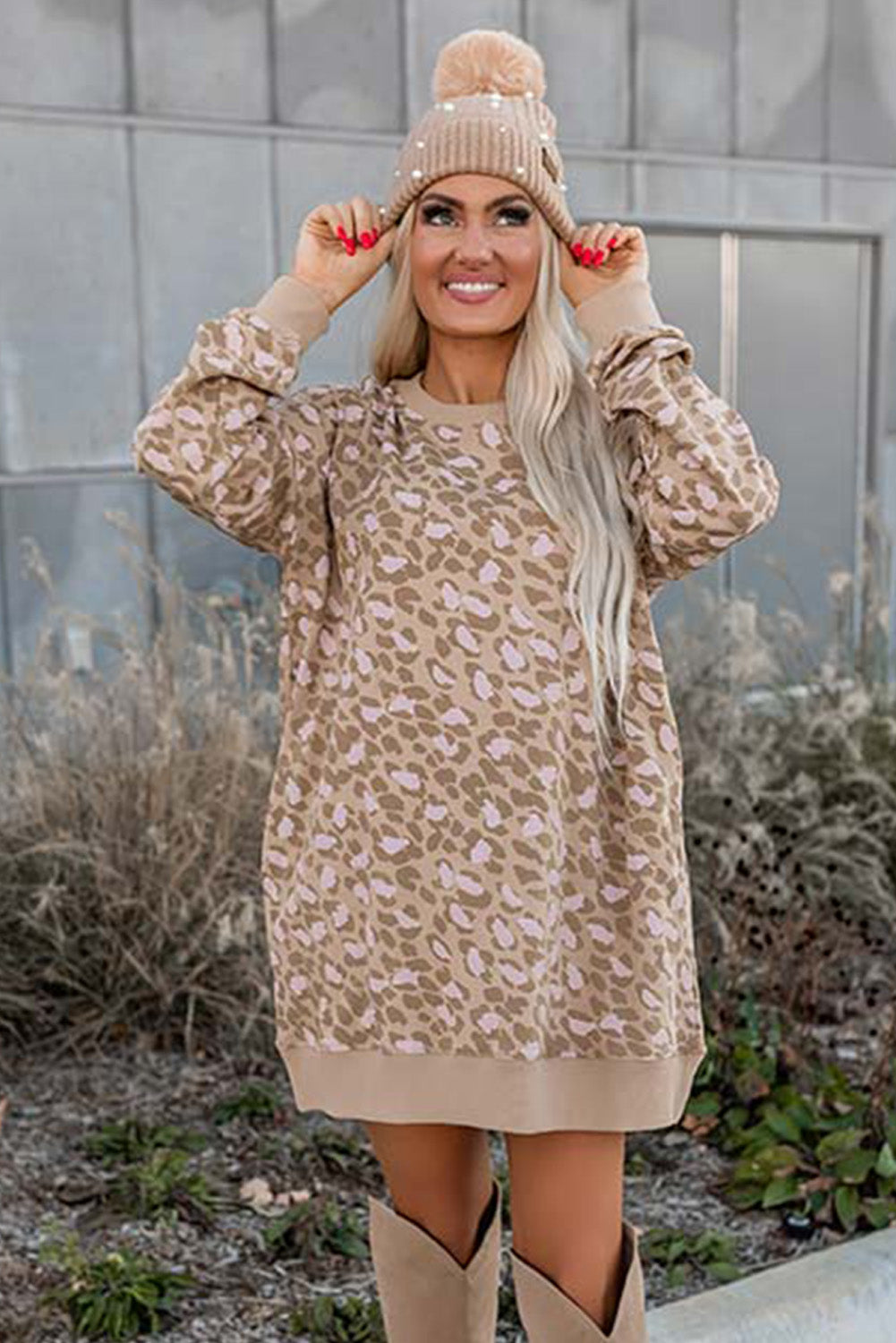 Parchment Leopard Print Side Pockets Long Sleeve Mini Dress