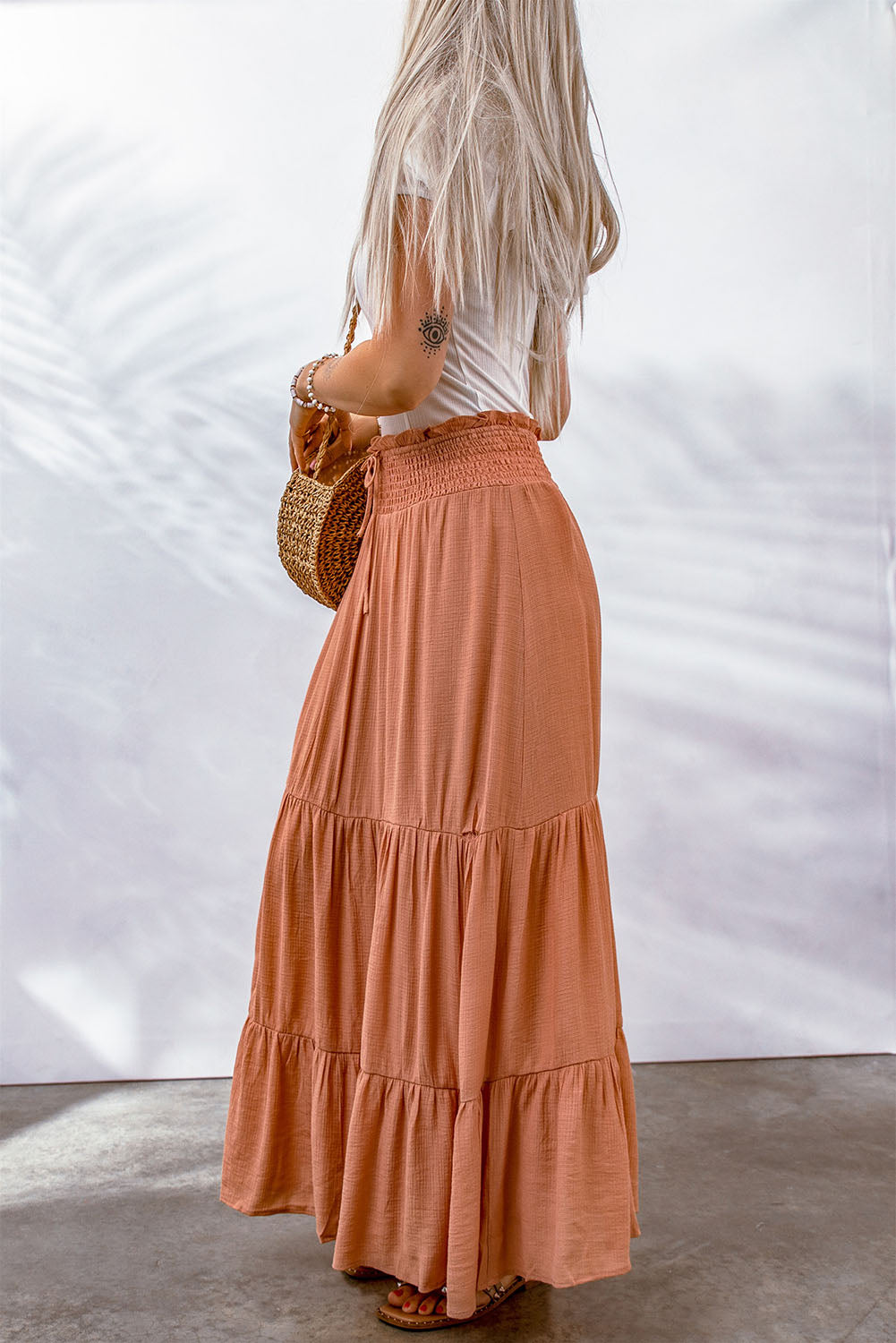 Orange Tie Smocking High Waist Tiered Maxi Skirt