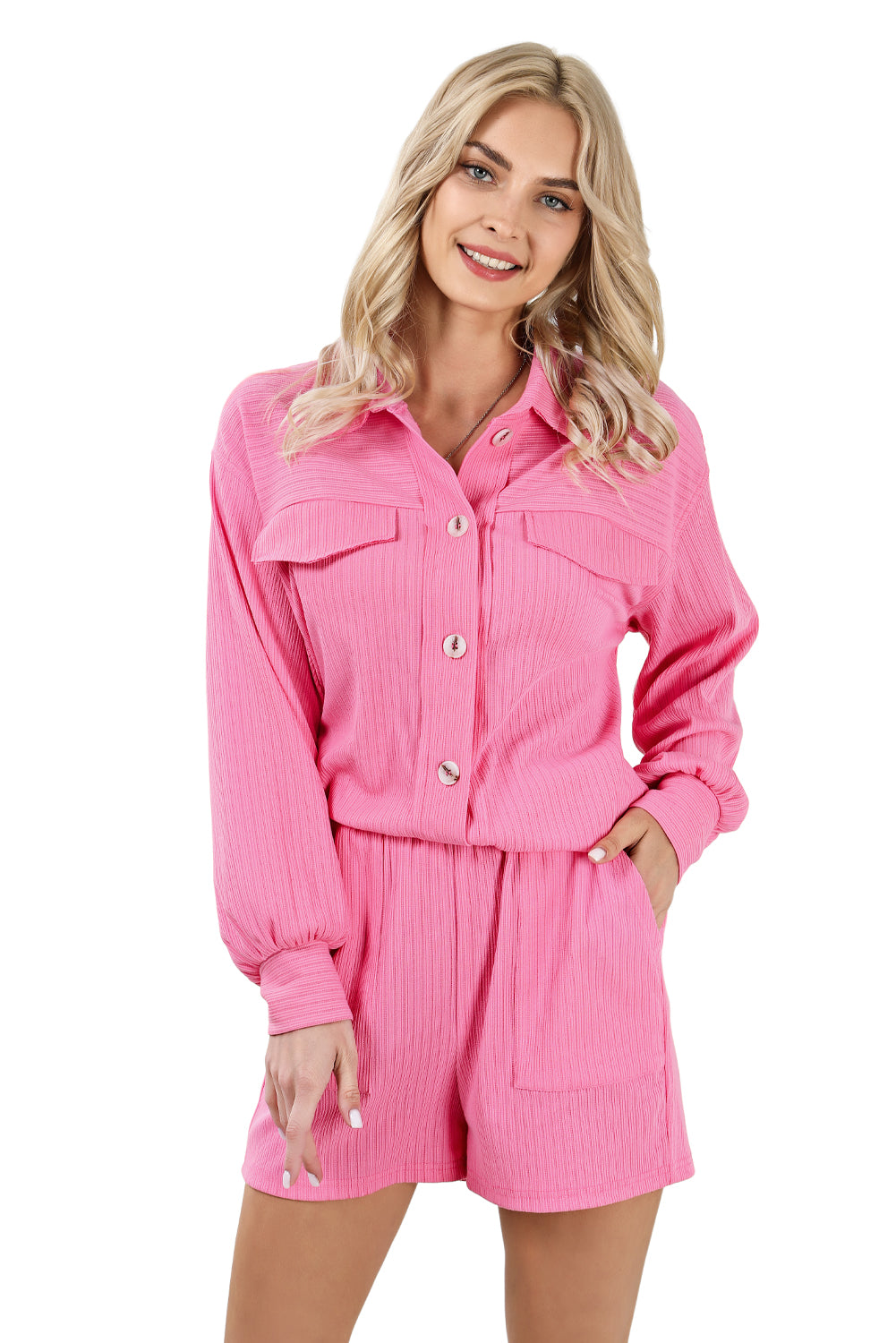 Pink Ribbed Knit Button Top and Shorts Set