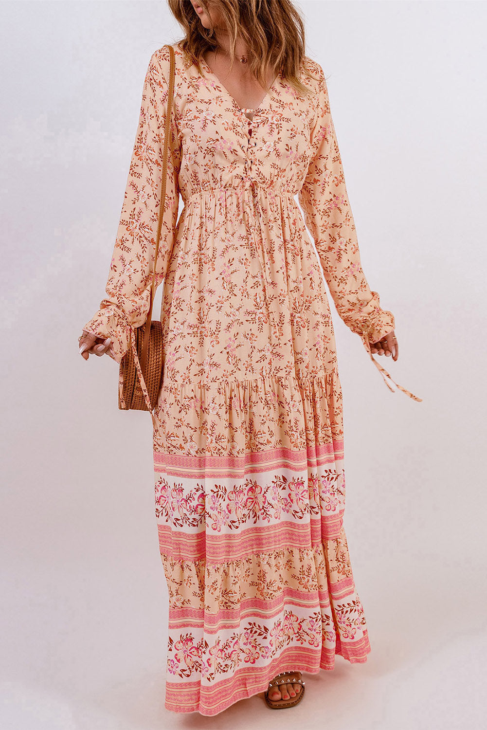 Orange Drawstring Lace-up V Neck Long Sleeve Floral Maxi Dress