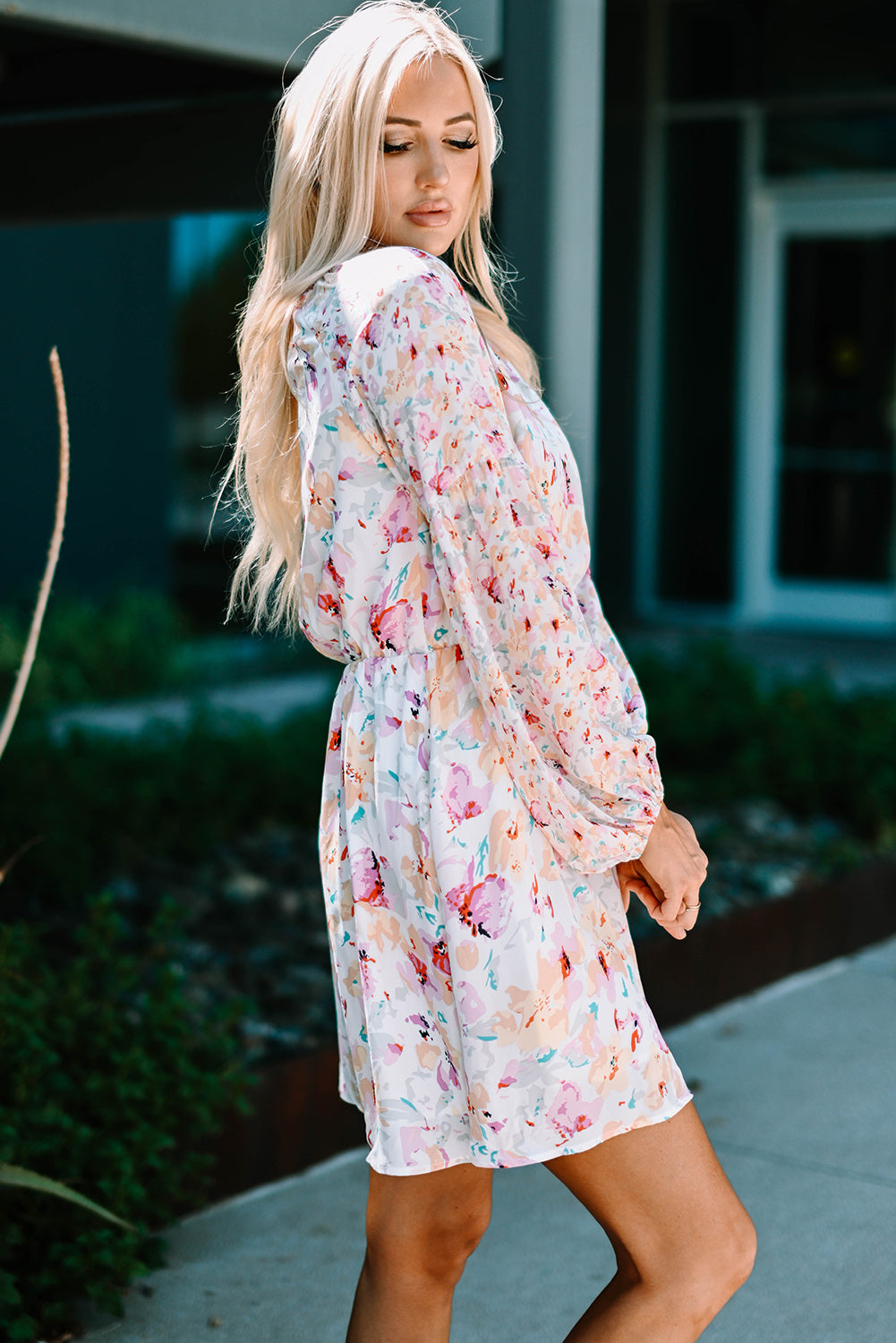 Pink V Neck Bubble Sleeves Floral Dress