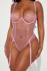 Pink Sheer Mesh Scalloped Trim Garter Teddy Lingerie