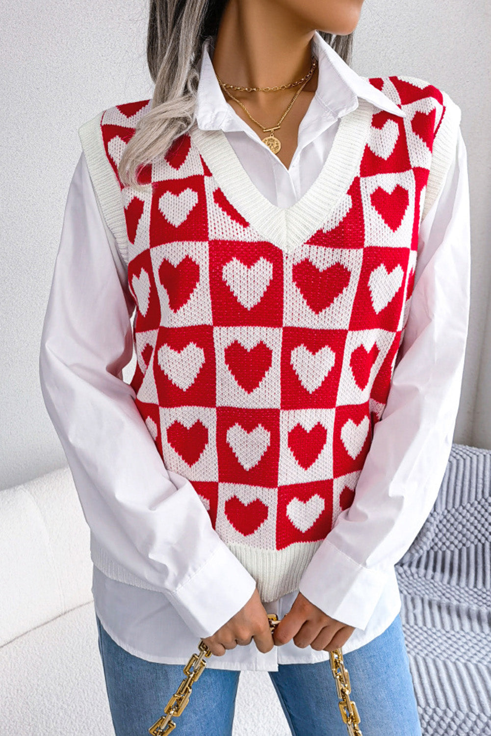 Pink Checked Heart Pattern Sweater Vest