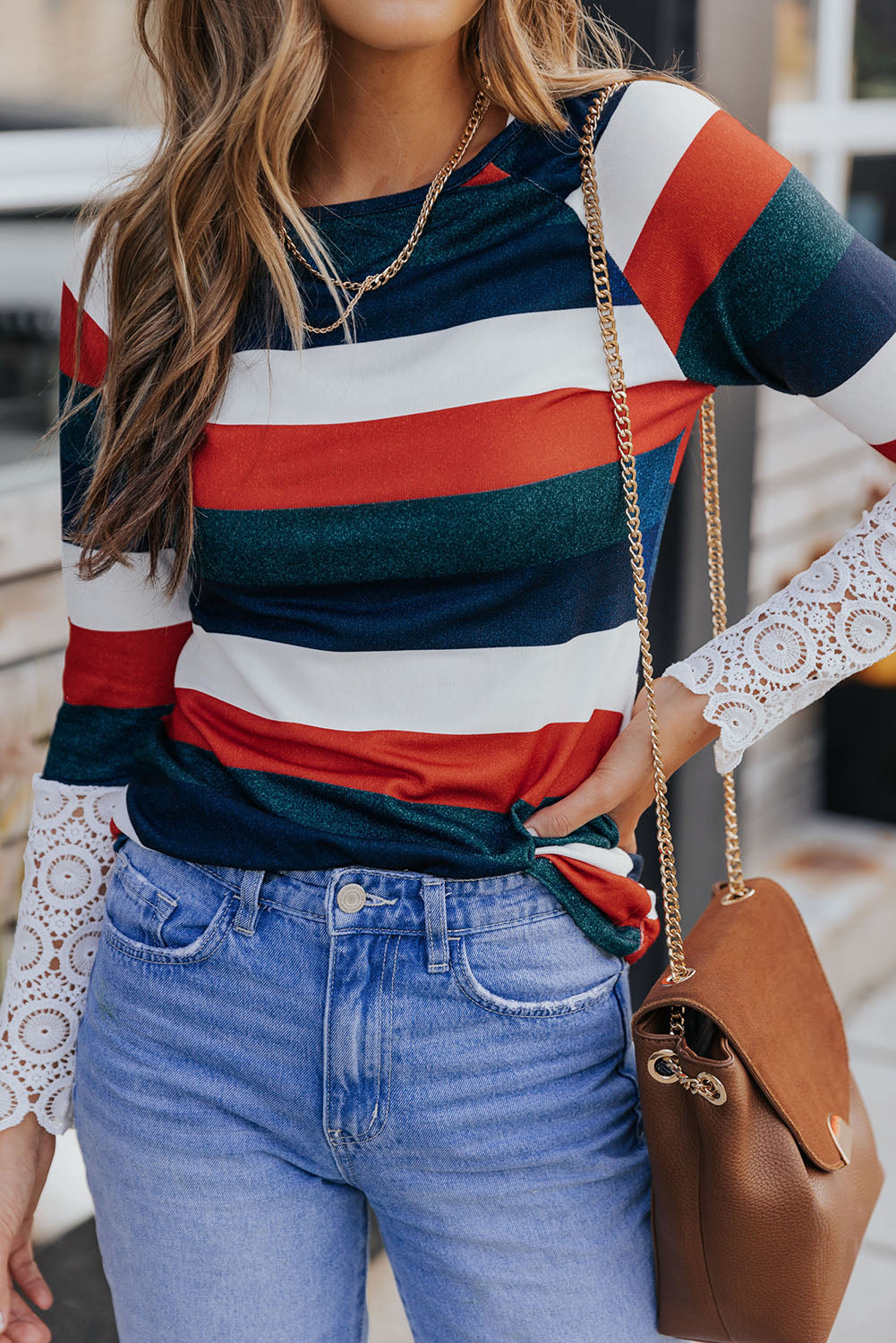 Orange Green Striped Lace Splicing Long Sleeve Top