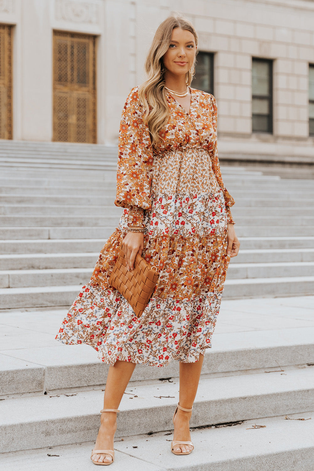 Orange Mix Floral Patchwork Frill Tiered Dress