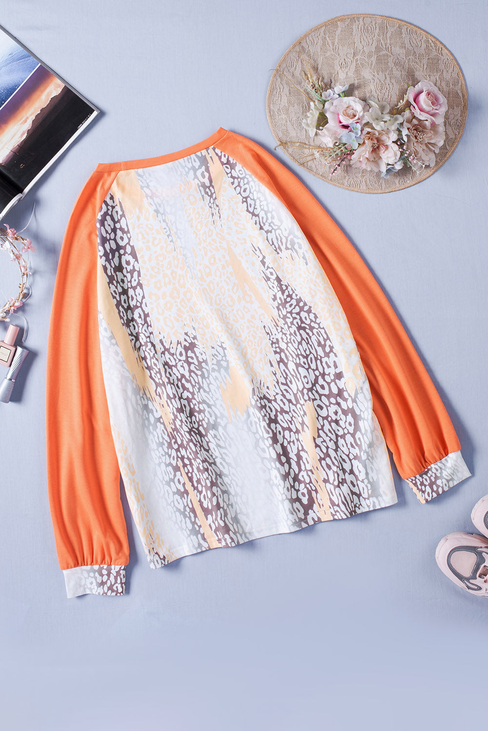 Orange Snakeskin Print Raglan Long Sleeve Plus Size Top