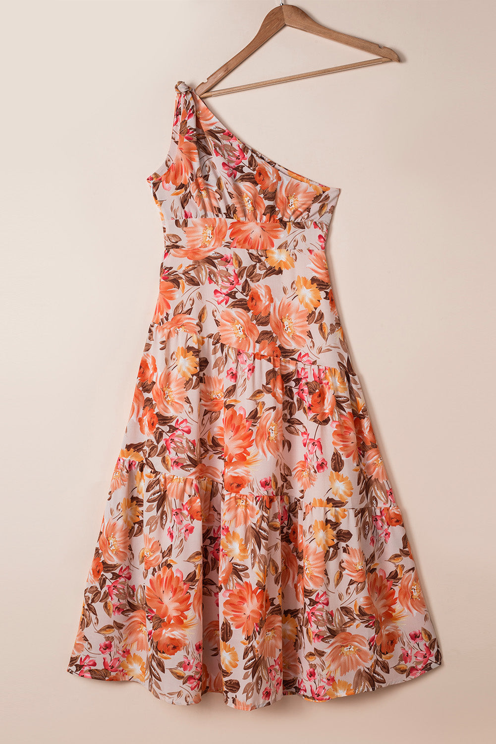 Orange Floral Print Pleated One Shoulder High Waist Maxi Dress