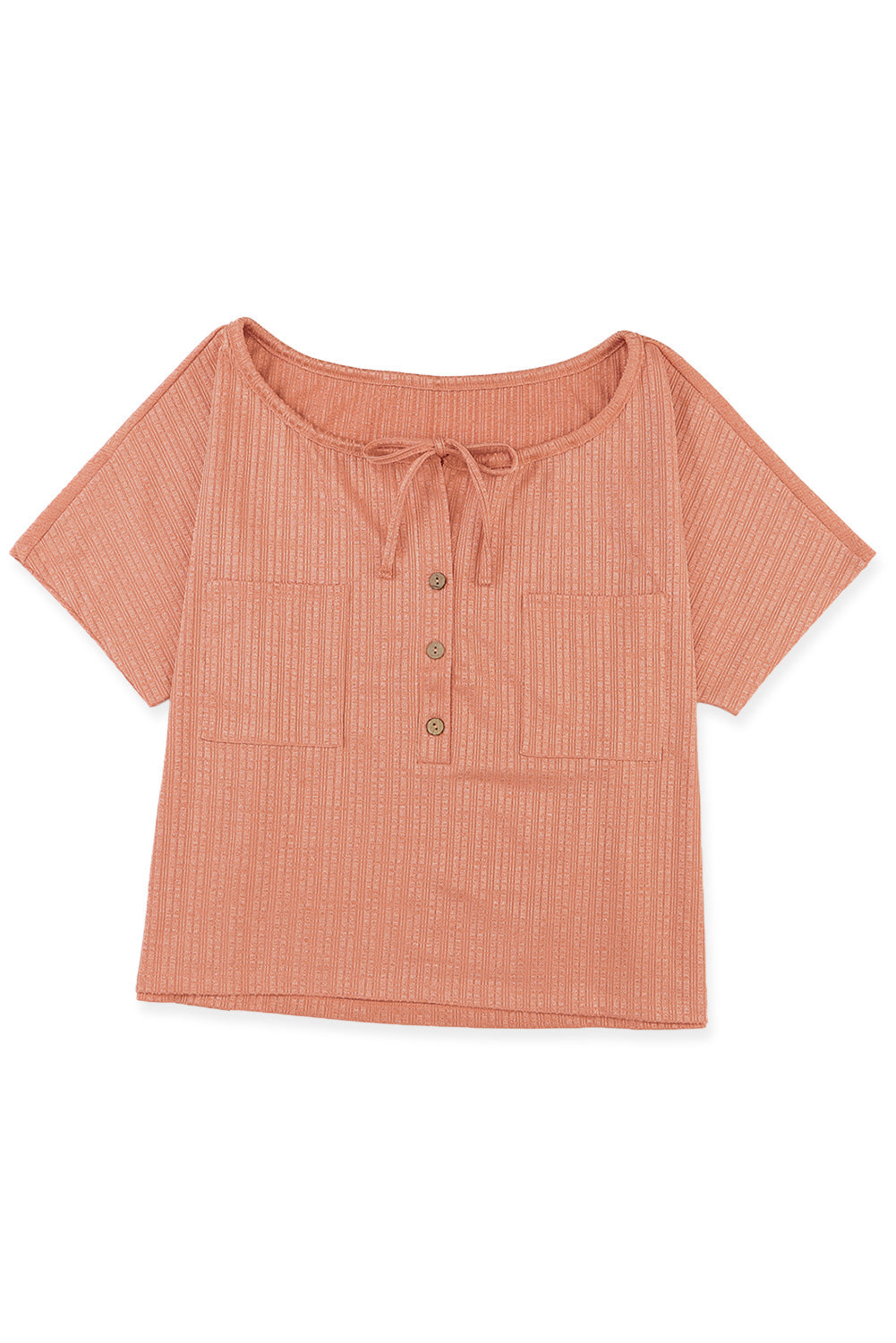 Orange Notched V Neck Buttoned Front Textured Loose Top