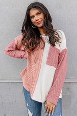 Moeak Blossom Long Sleeve Colorblock Chest Pocket Textured Knit Top