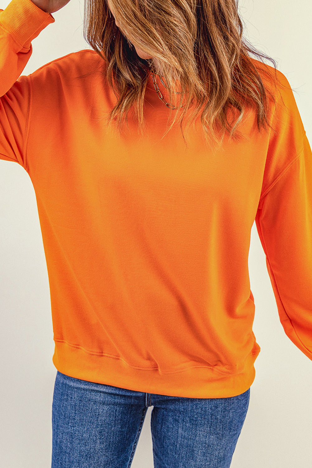 Orange Plain Crew Neck Pullover Sweatshirt